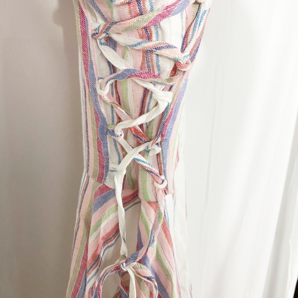 Bailey Blue | Metallic Stripe Lace-Up Mini Dress - Summer Vacation Feminine - Picture 4 of 8